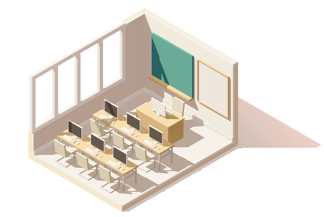 computer lab at a school with desks Keyboarding for kids with learning difficulties, physical impairments and special needs